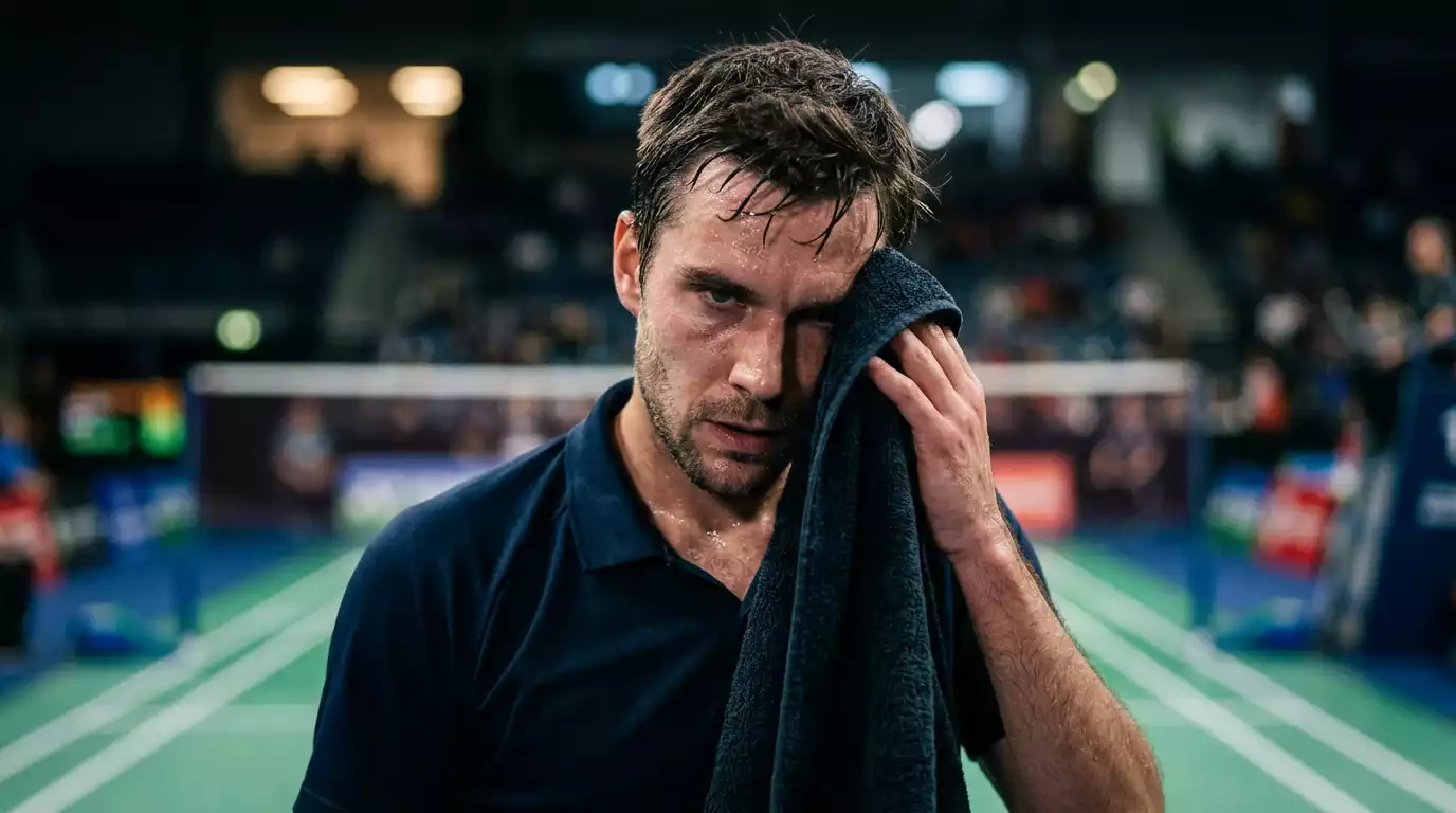 Badminton-Spieler im Momentum - konzentrierter Blick vor dem nächsten Punkt